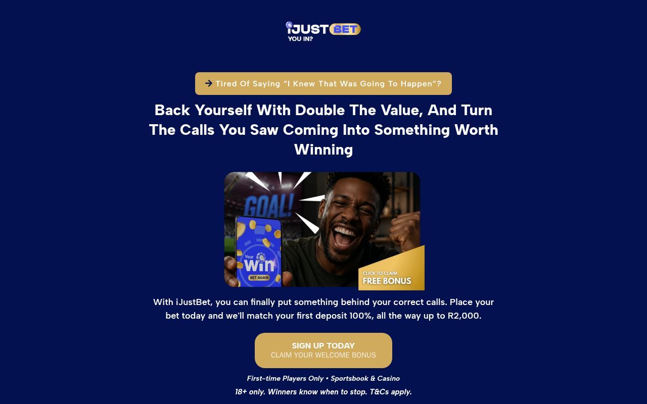 Homepage screenshot of bet.ijustbet.co.za