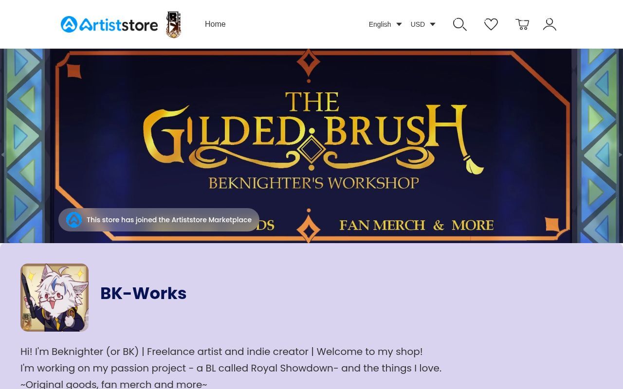 Homepage screenshot of bkatelier.artiststore.com