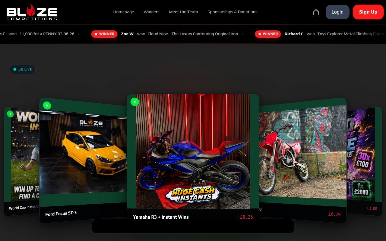 Homepage screenshot of blazecompetitions.co.uk
