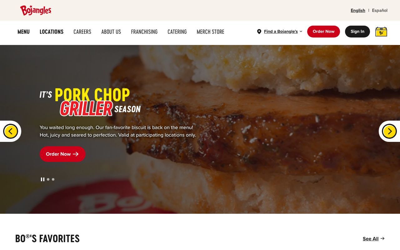 Homepage screenshot of bojangles.com