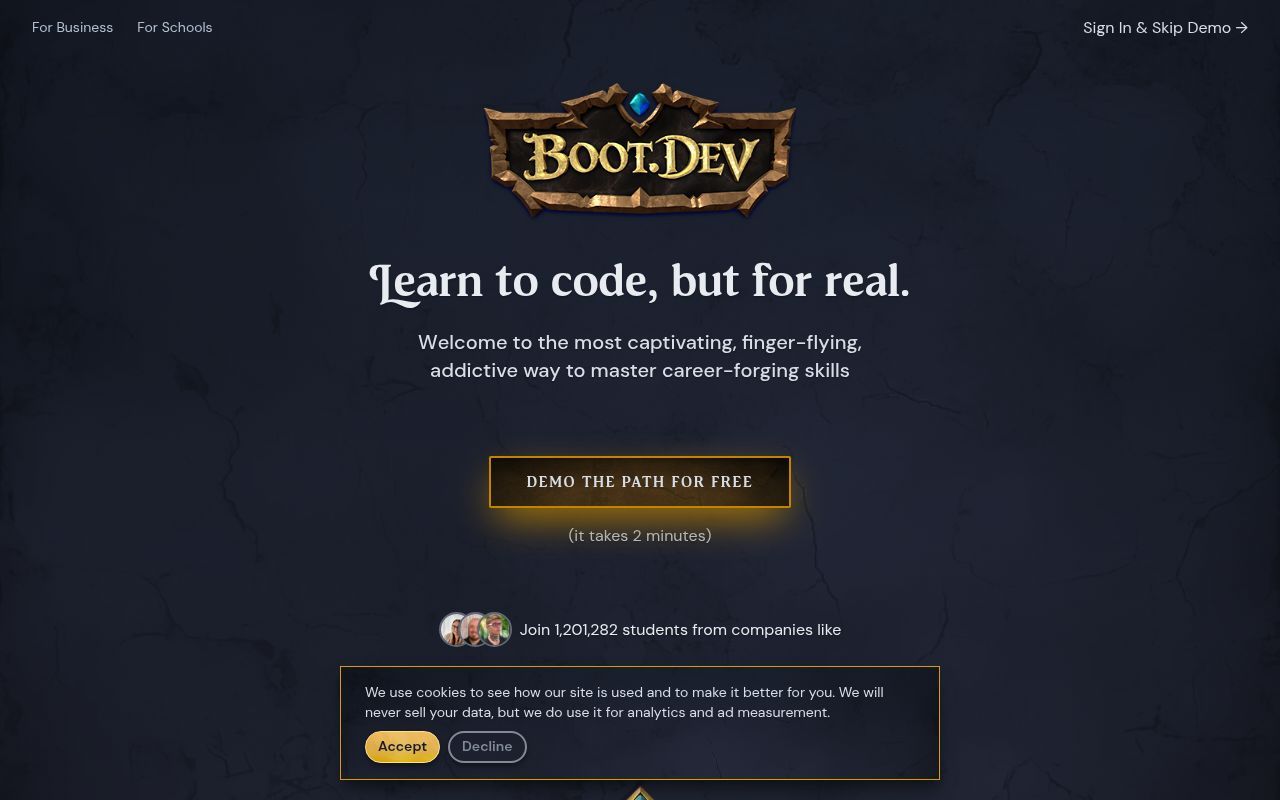 Homepage screenshot of boot.dev