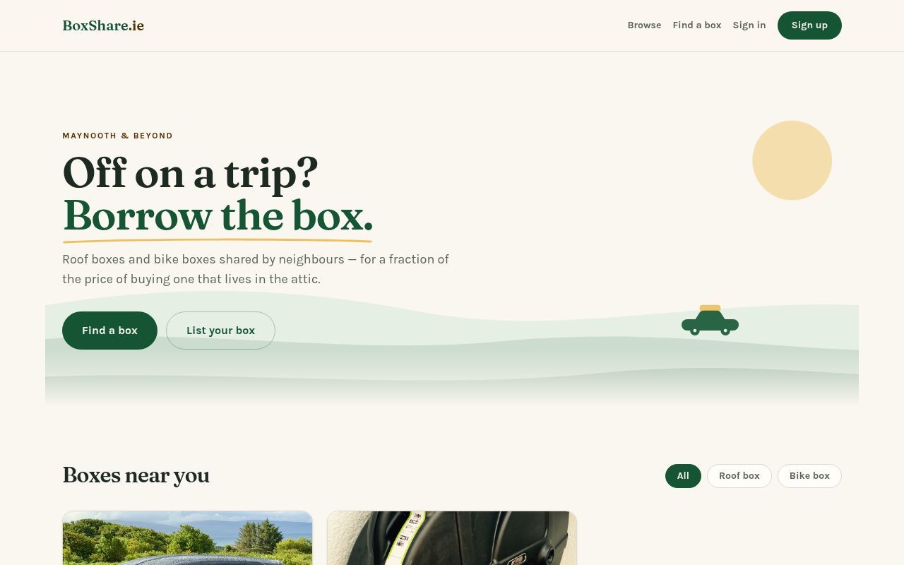 Homepage screenshot of boxshare.ie