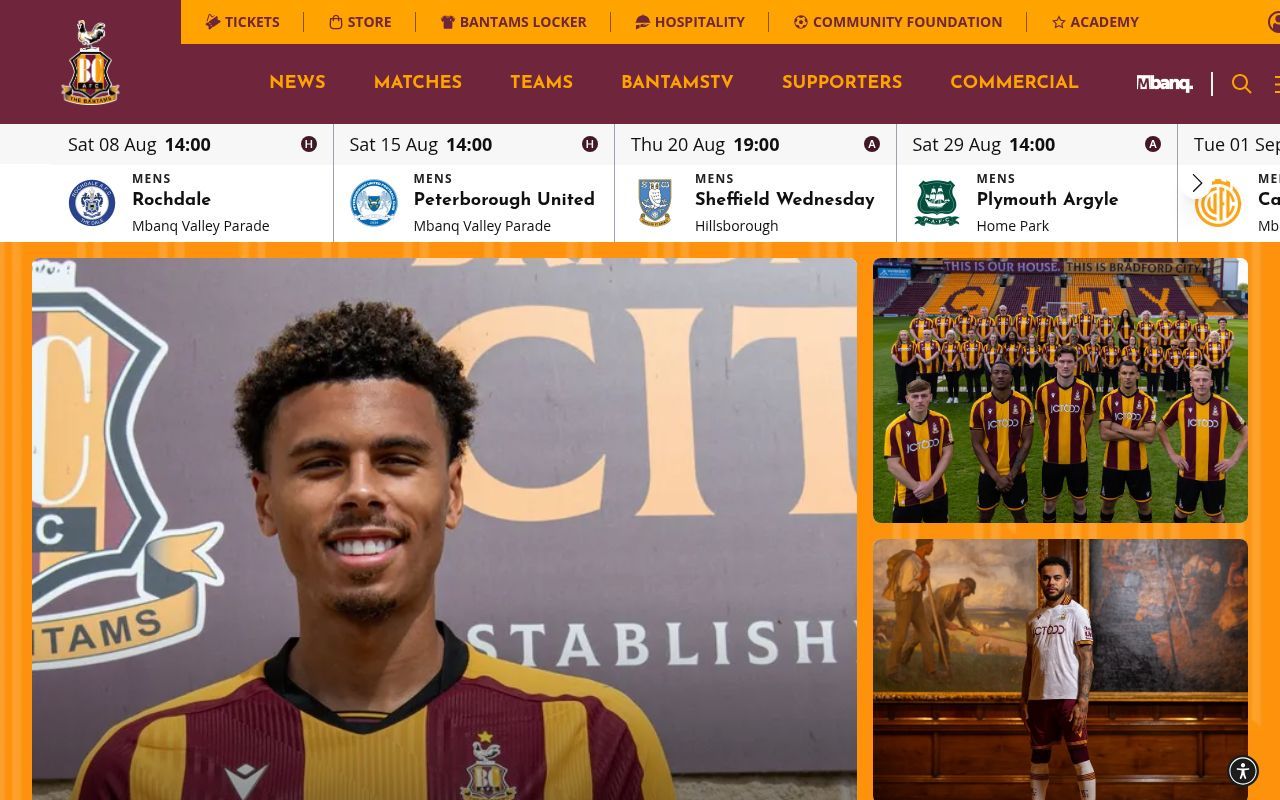 Homepage screenshot of bradfordcityafc.com