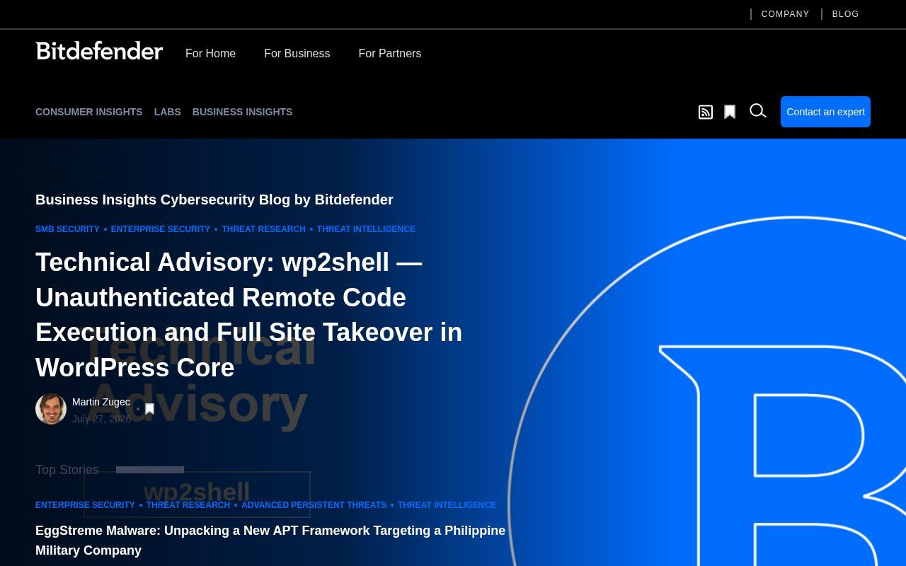 Homepage screenshot of businessinsights.bitdefender.com
