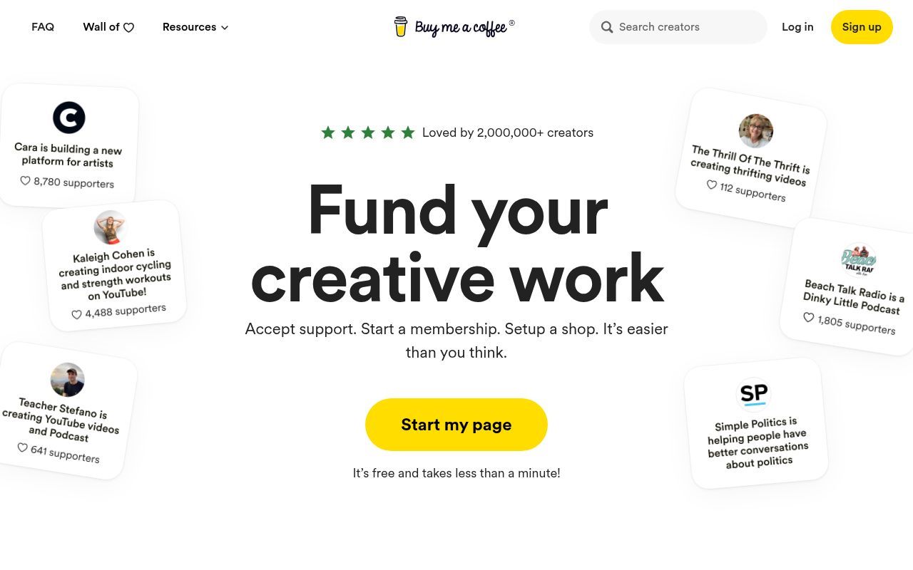 Homepage screenshot of buymeacoffee.com