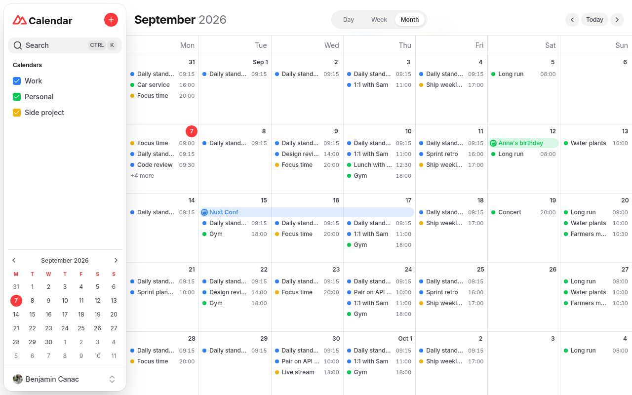 Homepage screenshot of calendar-template.nuxt.dev