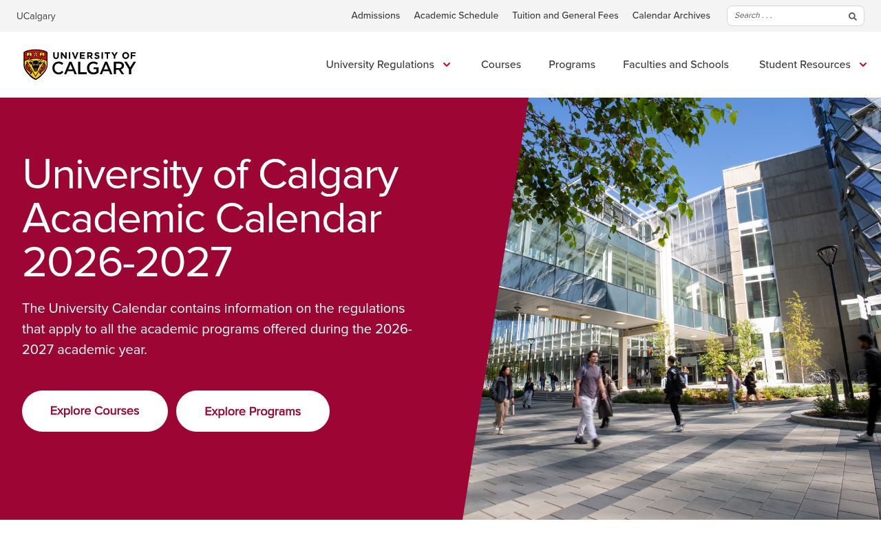 Homepage screenshot of calendar.ucalgary.ca