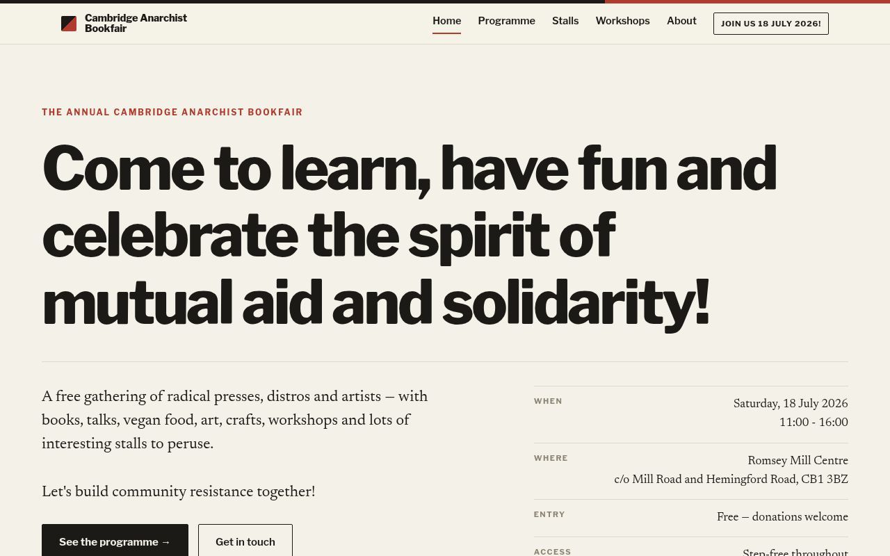 Homepage screenshot of cambridgeanarchistbookfair.uk