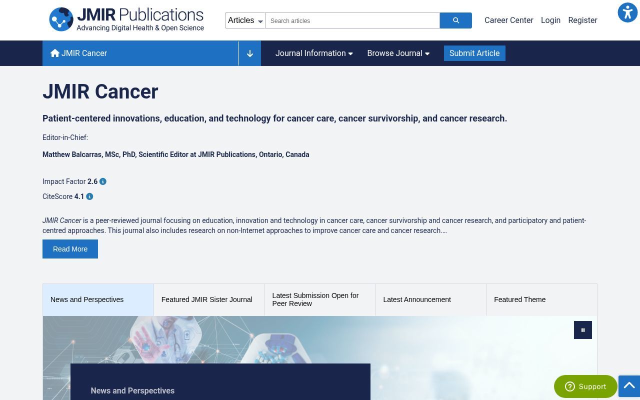 Homepage screenshot of cancer.jmir.org