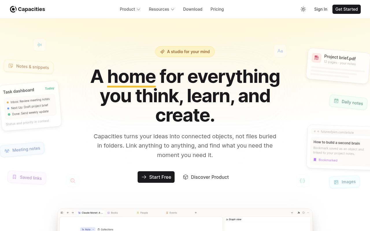 Homepage screenshot of capacities.io