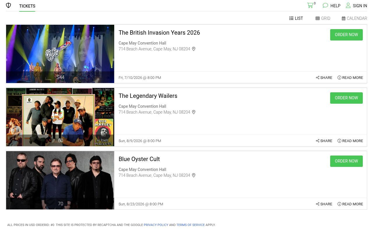 Homepage screenshot of capemaycity.vbotickets.com