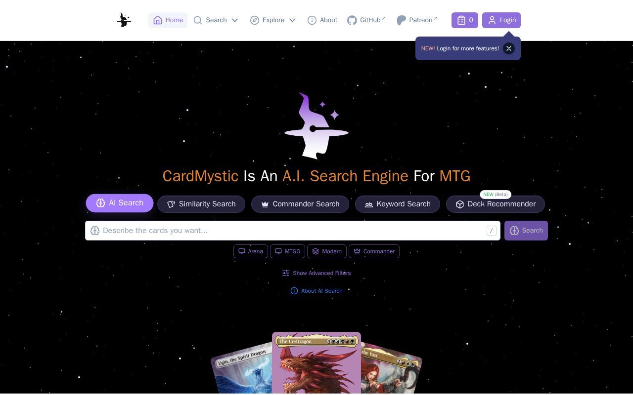 Homepage screenshot of cardmystic.com