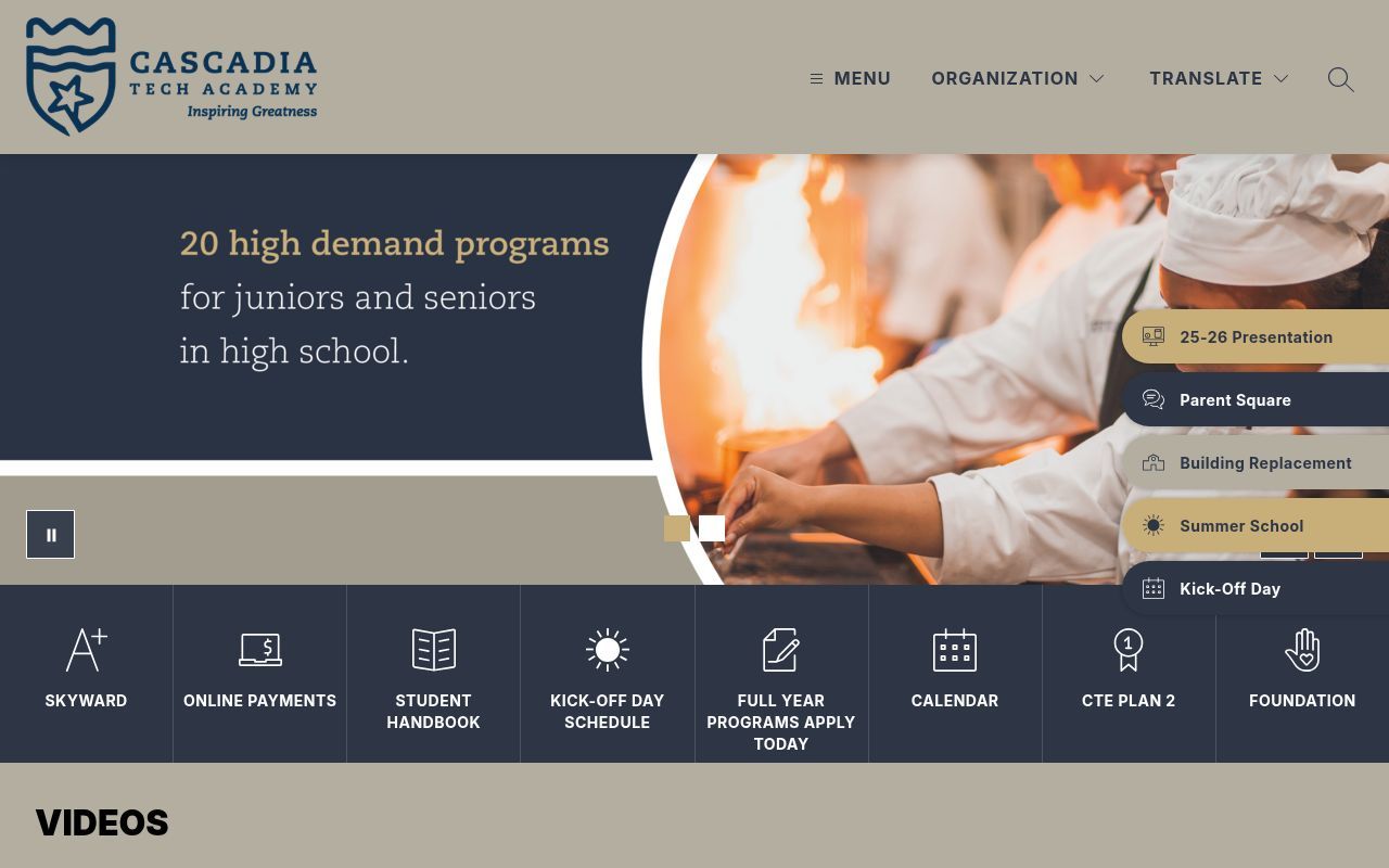 Homepage screenshot of cascadiatechnicalacademy.org