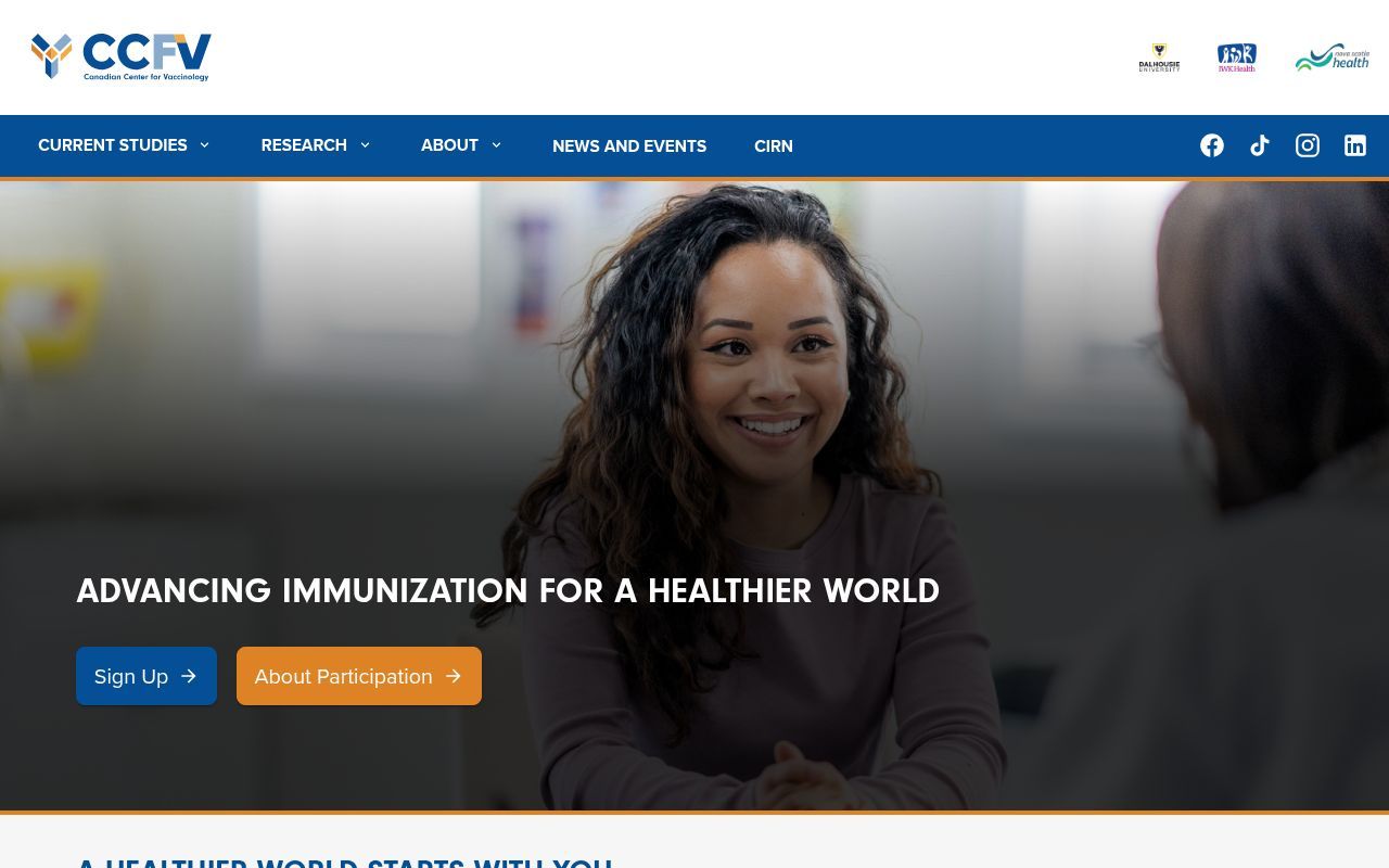 Homepage screenshot of centerforvaccinology.ca