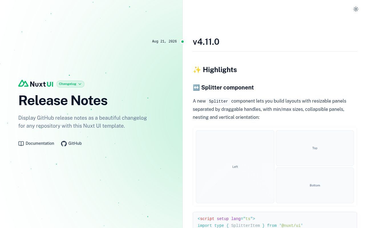 Homepage screenshot of changelog-template.nuxt.dev