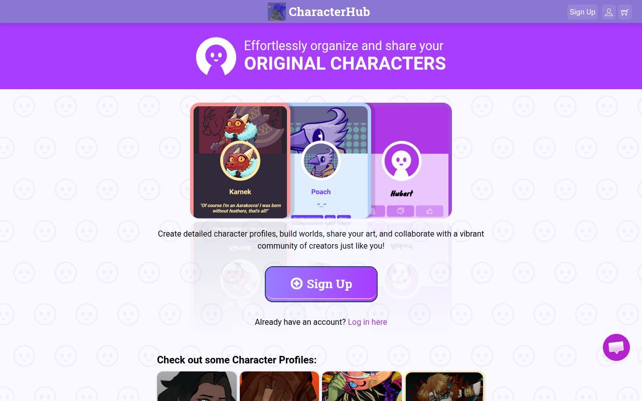 Homepage screenshot of characterhub.com