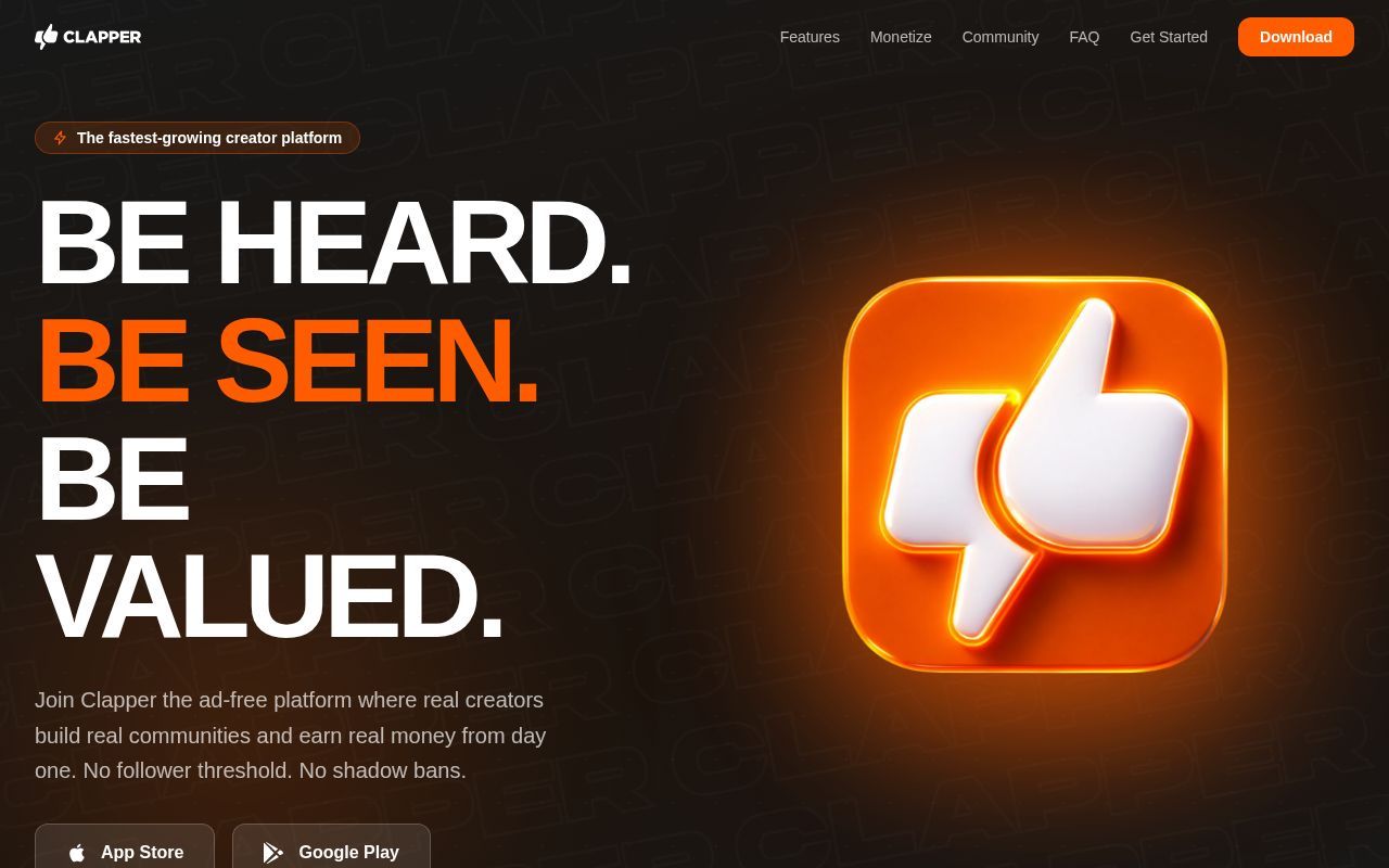 Homepage screenshot of clapperapp.com