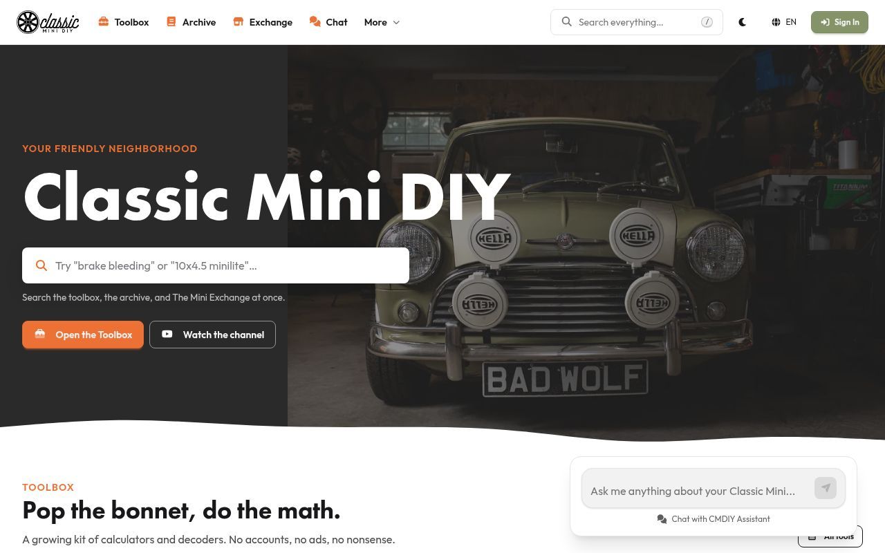Homepage screenshot of classicminidiy.com