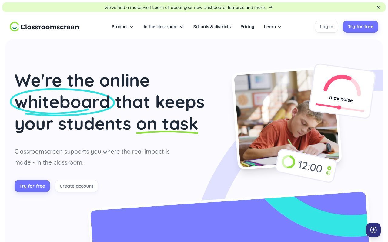 Homepage screenshot of classroomscreen.com