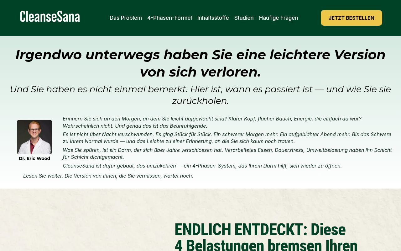 Homepage screenshot of cleansesana.com