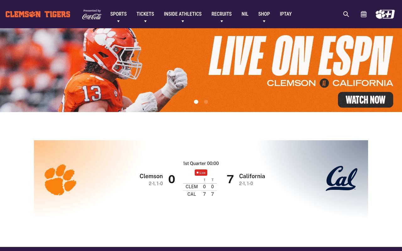 Homepage screenshot of clemsontigers.com