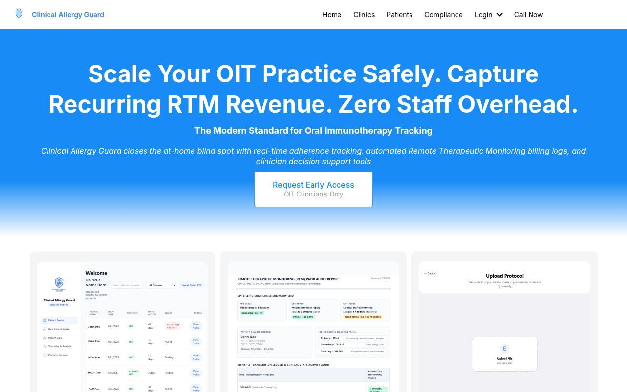 Homepage screenshot of clinicalallergyguard.com