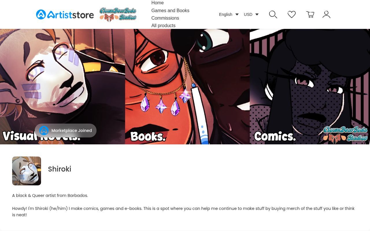 Homepage screenshot of clowbearsodastudio.artiststore.com