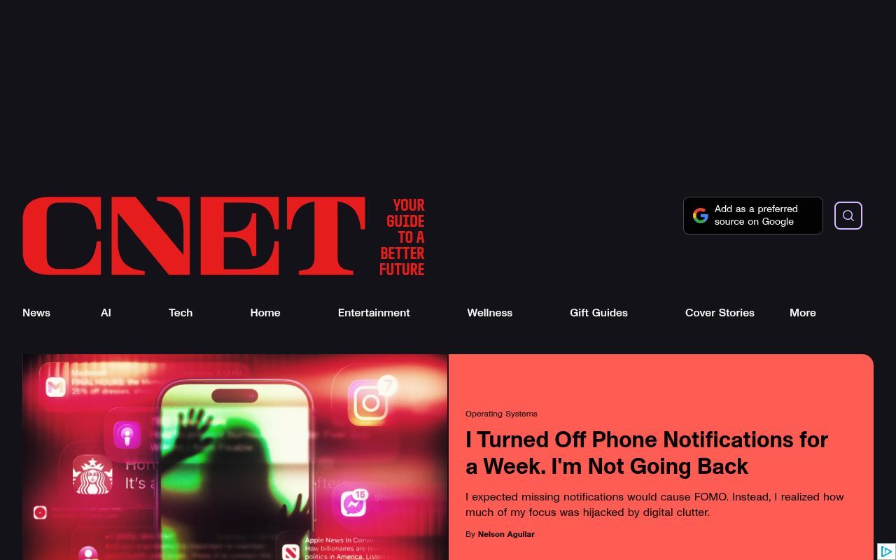 Homepage screenshot of cnet.com