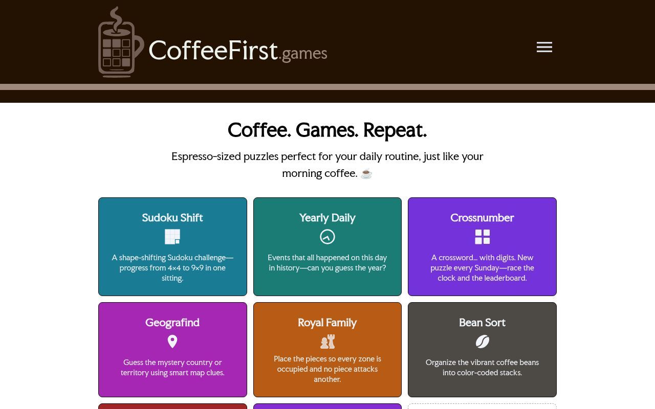 Homepage screenshot of coffeefirst.games