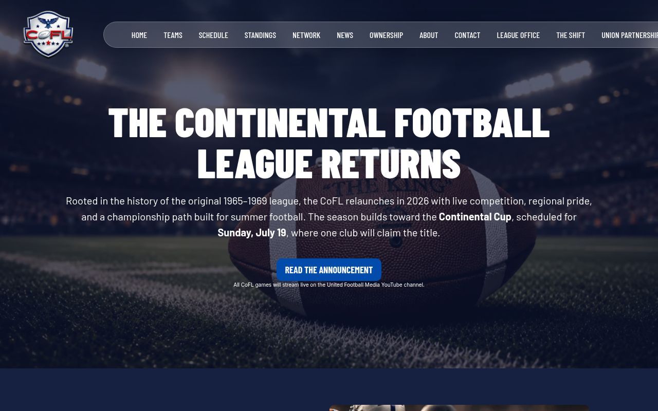Homepage screenshot of coflfootball.com
