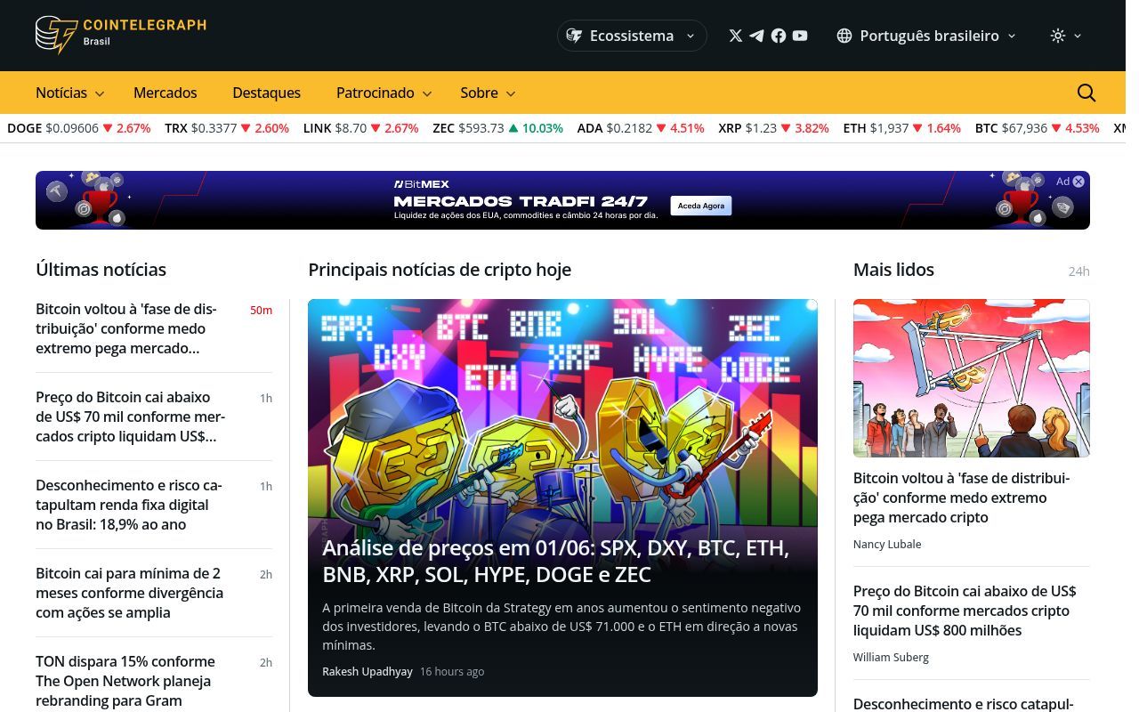 Homepage screenshot of cointelegraph.com.br
