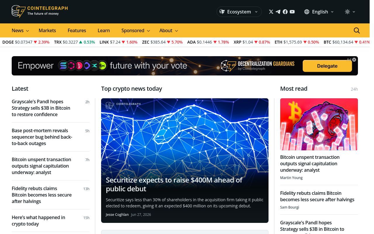 Homepage screenshot of cointelegraph.com