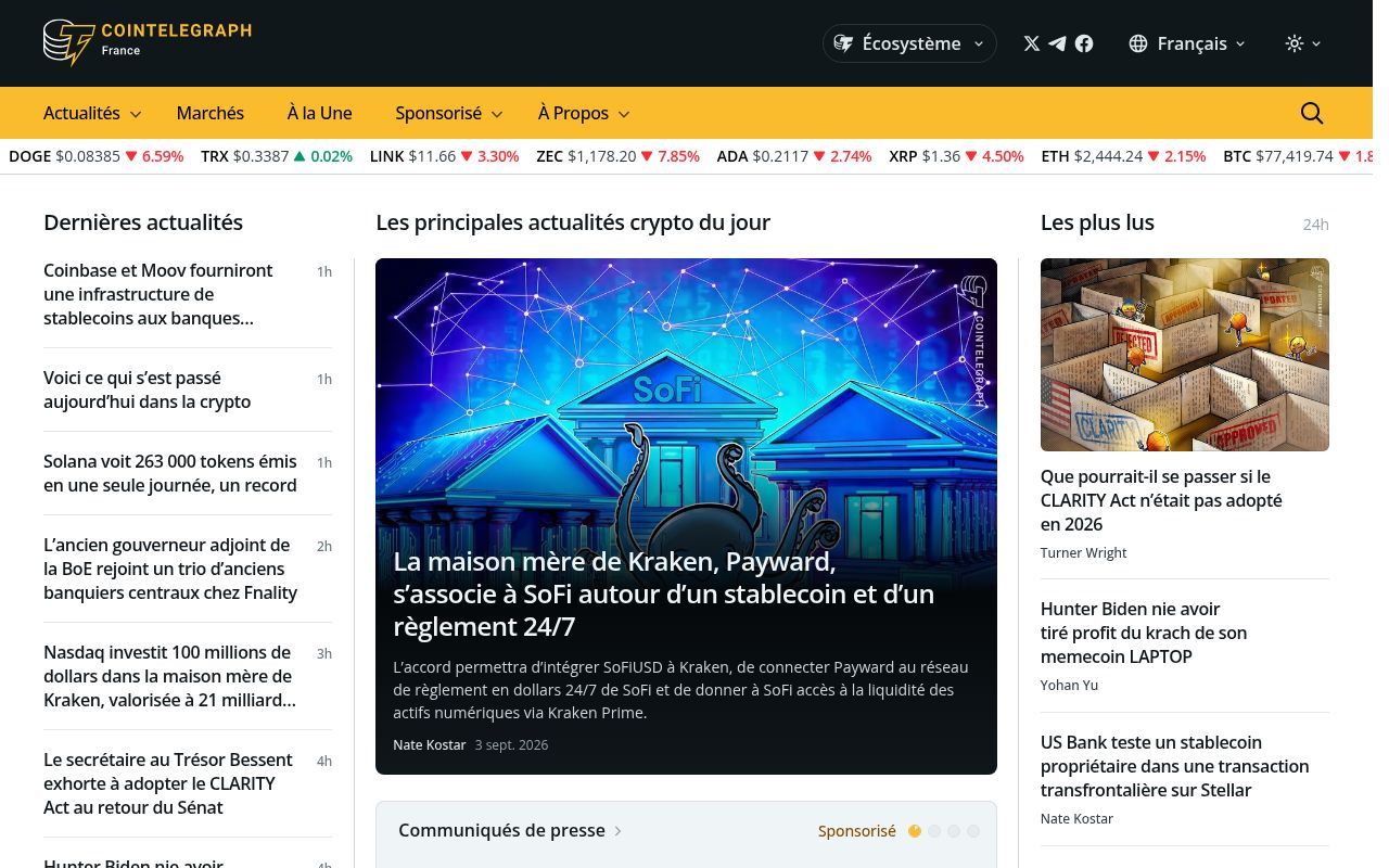 Homepage screenshot of cointelegraph.fr