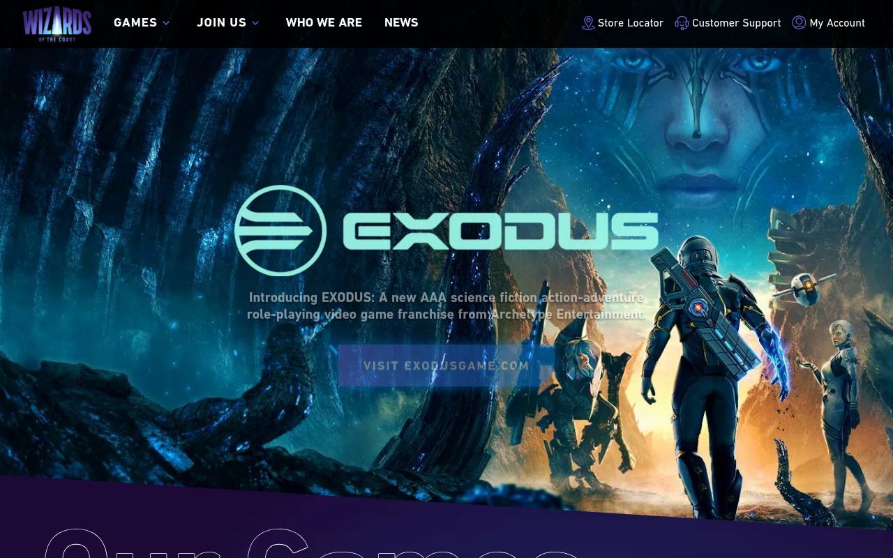 Homepage screenshot of company.wizards.com