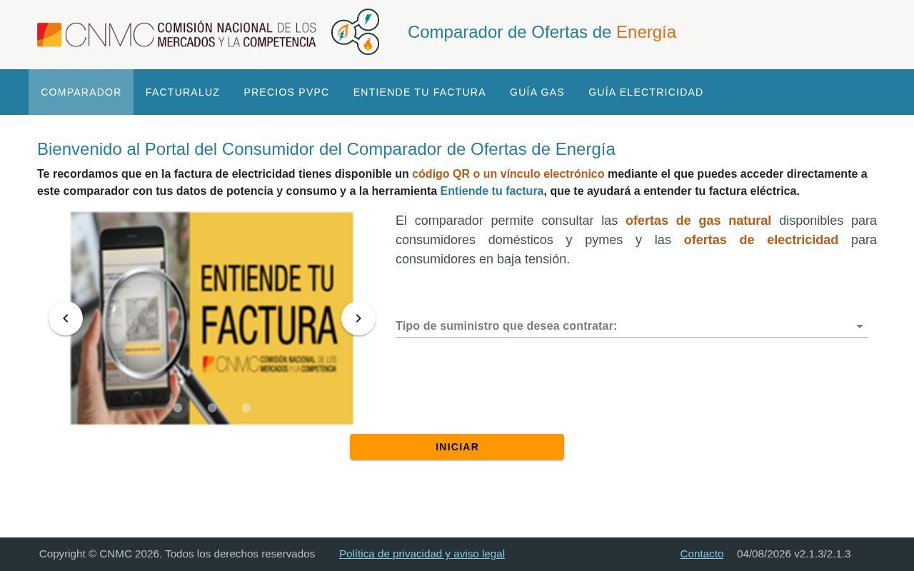 Homepage screenshot of comparador.cnmc.gob.es