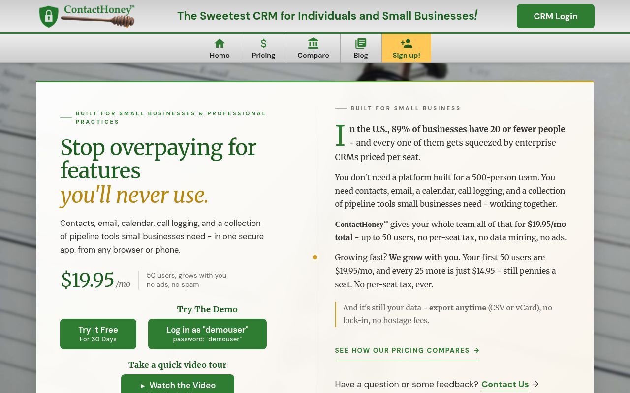 Homepage screenshot of contacthoney.com