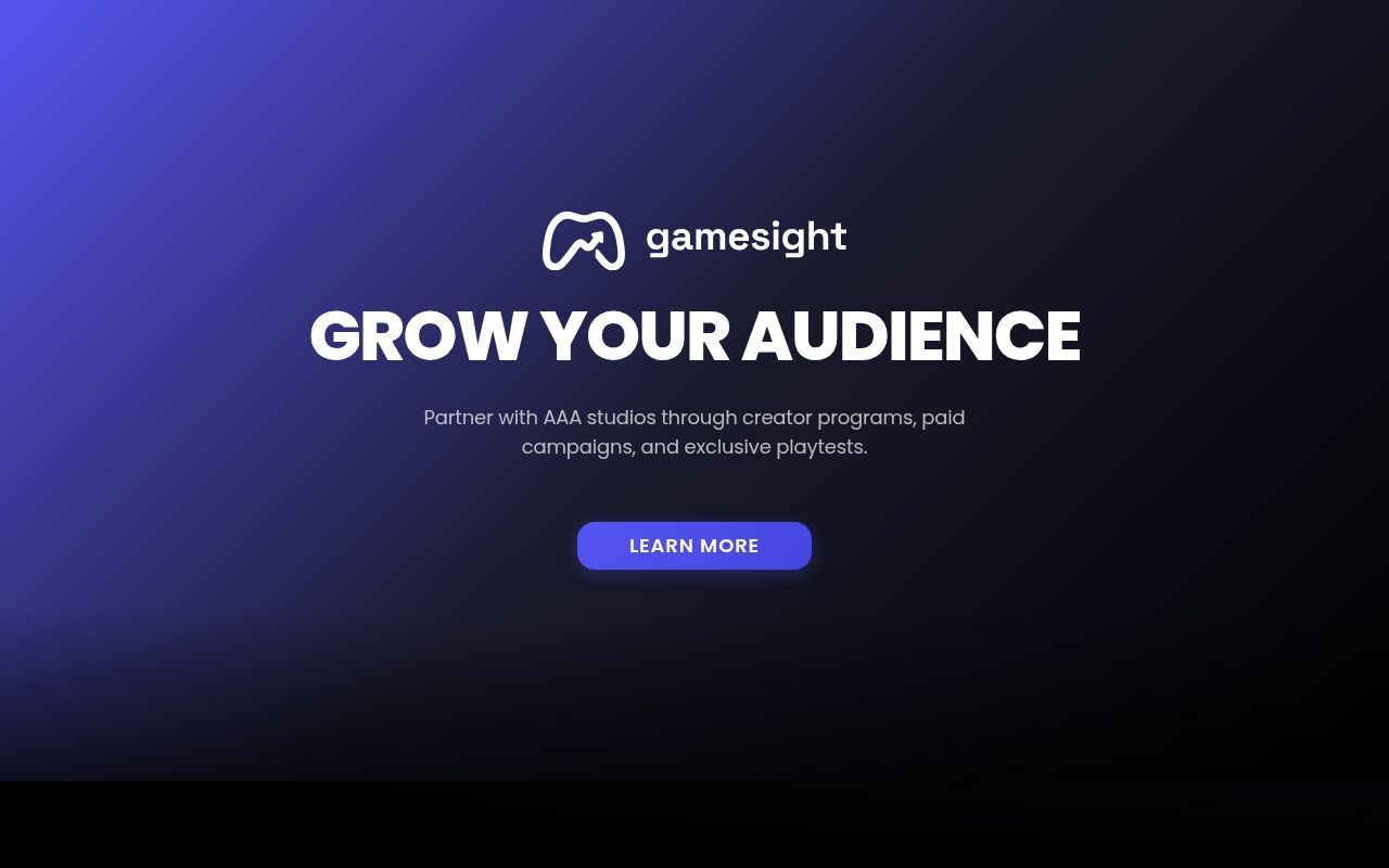 Homepage screenshot of creators.gamesight.io