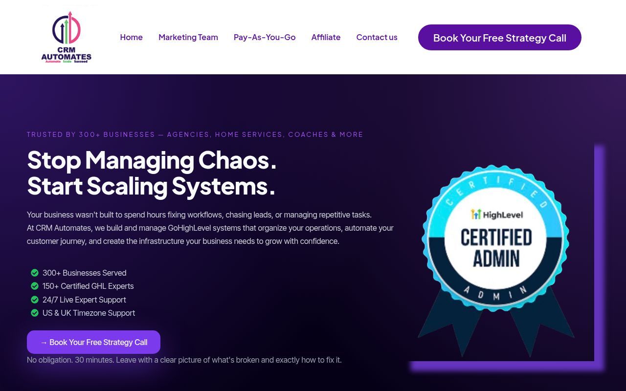 Homepage screenshot of crmautomates.com