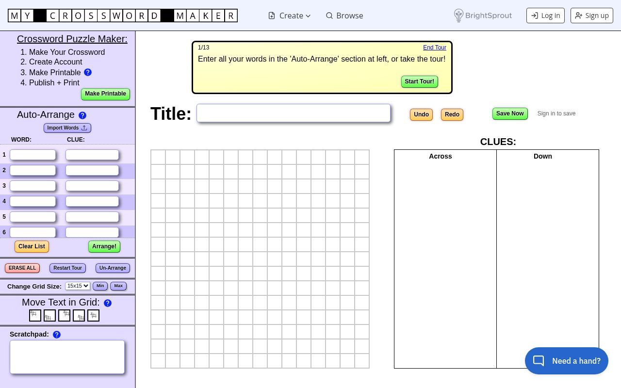 Homepage screenshot of crosswords.brightsprout.com