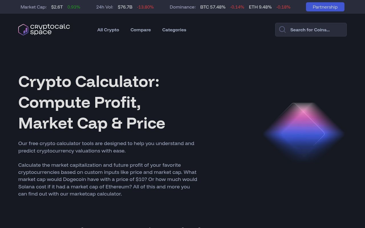 Homepage screenshot of cryptocalculator.space