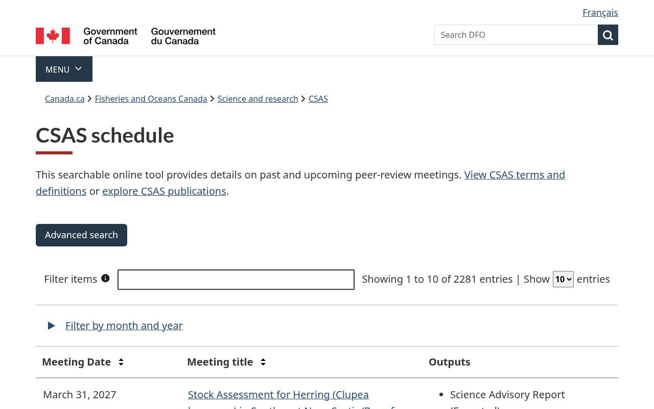 Homepage screenshot of csas-scas.dfo-mpo.gc.ca
