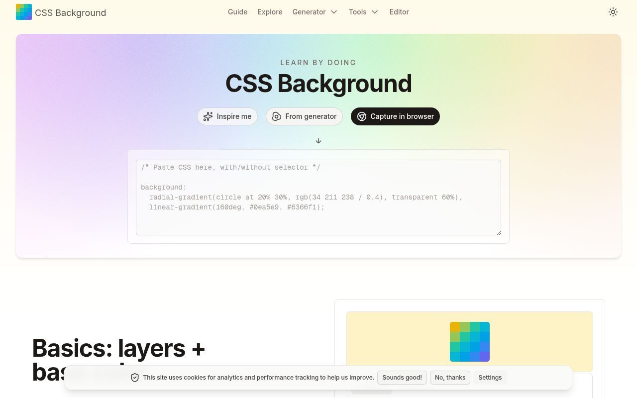 Homepage screenshot of cssbackground.net