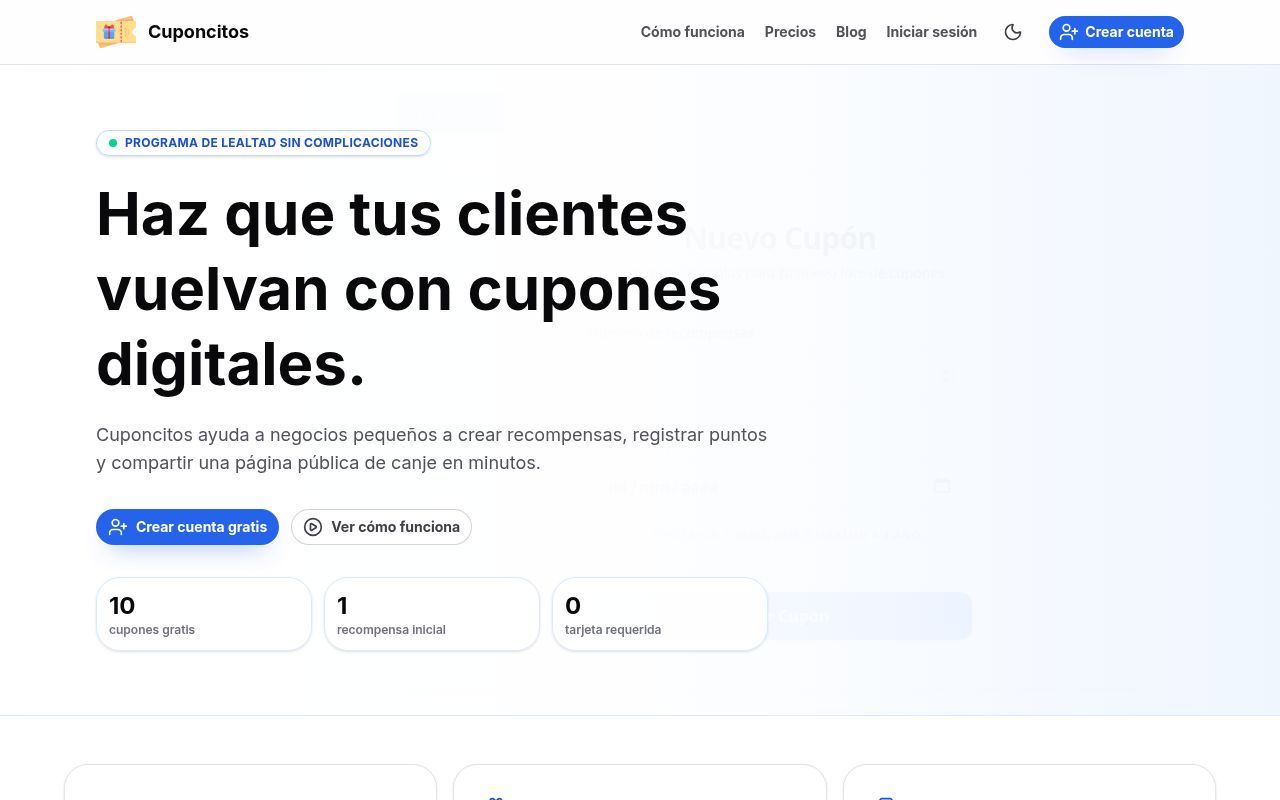 Homepage screenshot of cuponcitos.app
