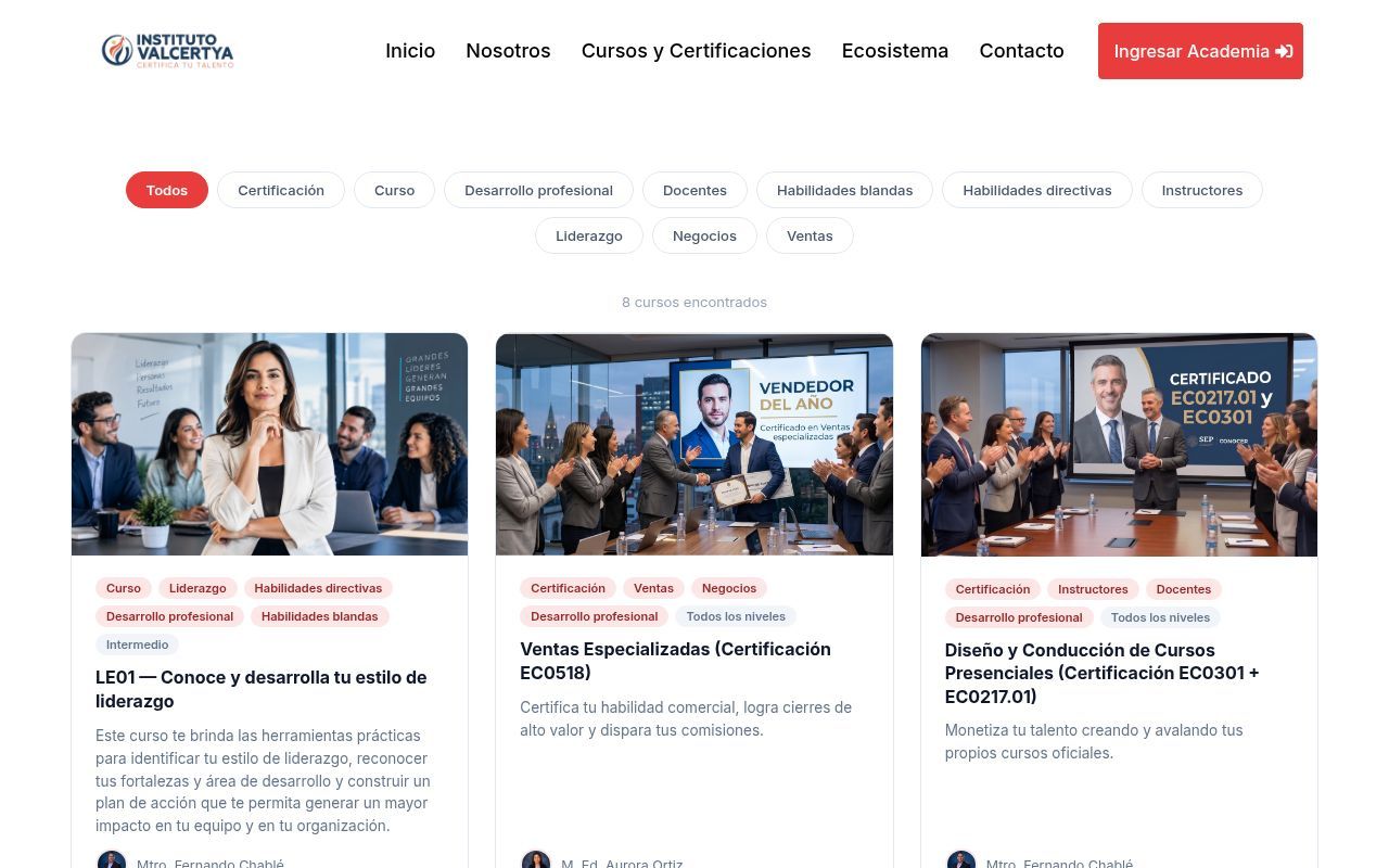 Homepage screenshot of cursos.valcertya.com
