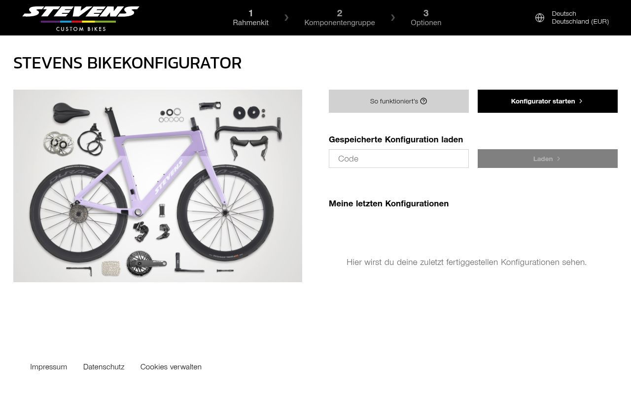 Homepage screenshot of custom.stevensbikes.de