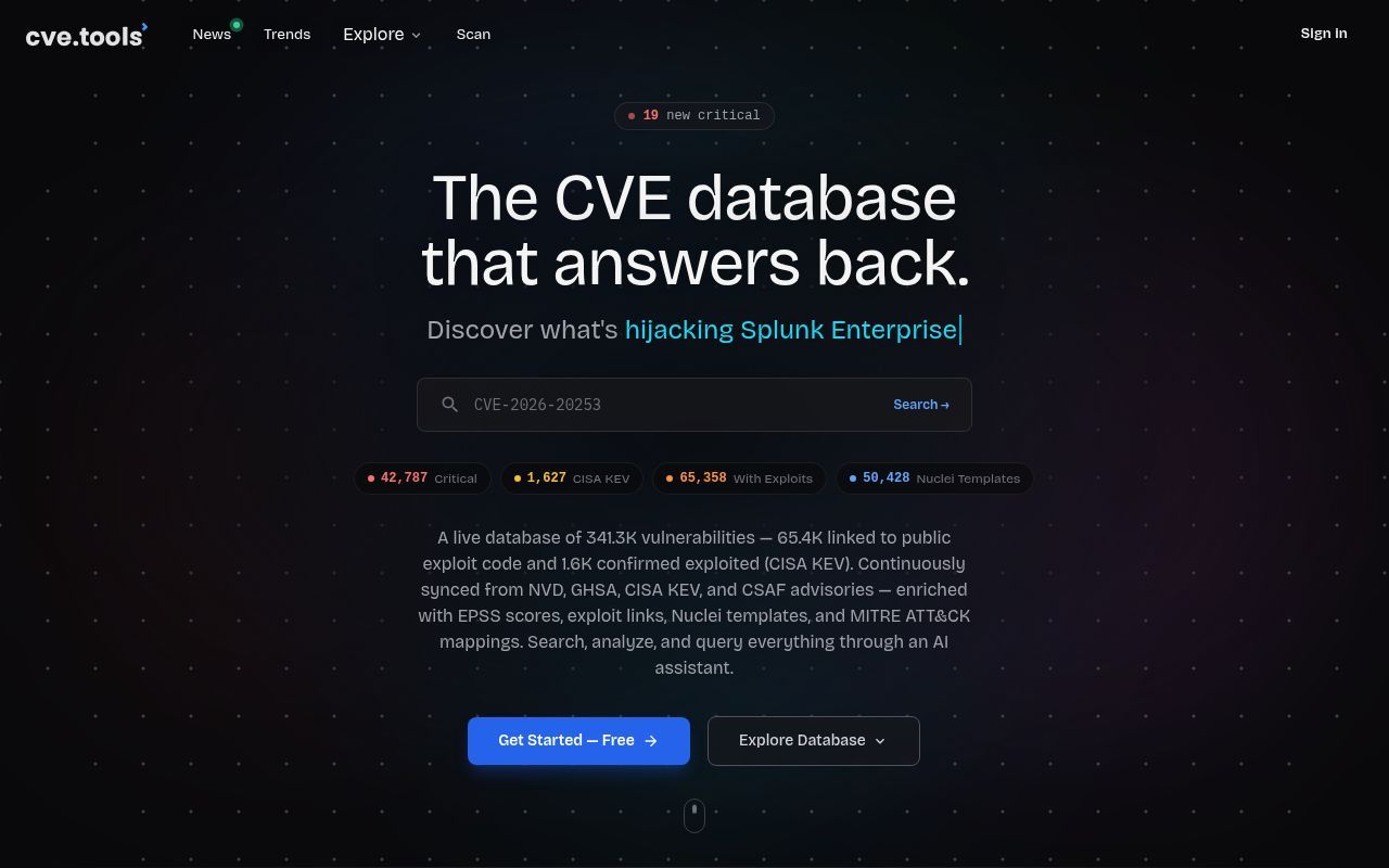 Homepage screenshot of cve.tools