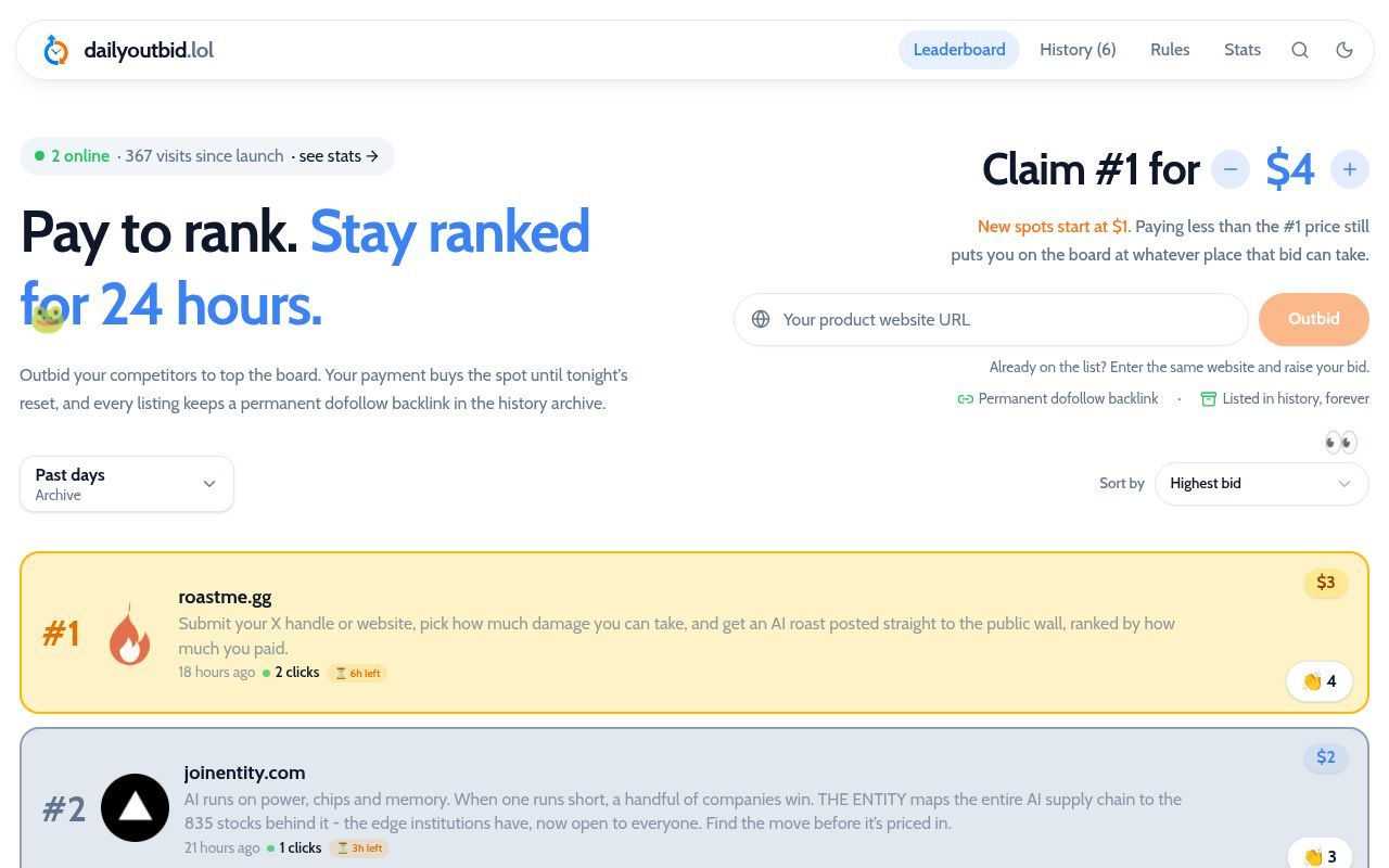 Homepage screenshot of dailyoutbid.lol