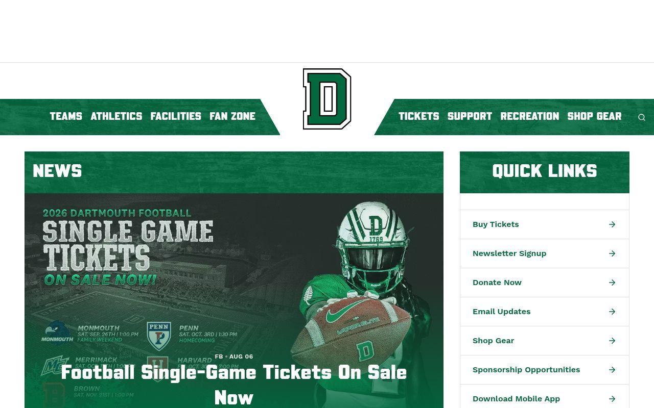 Homepage screenshot of dartmouthsports.com
