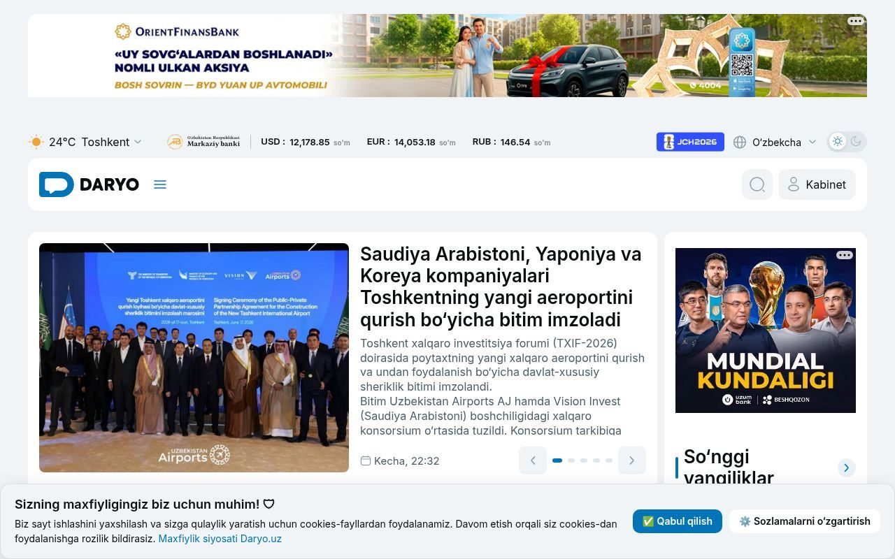 Homepage screenshot of daryo.uz