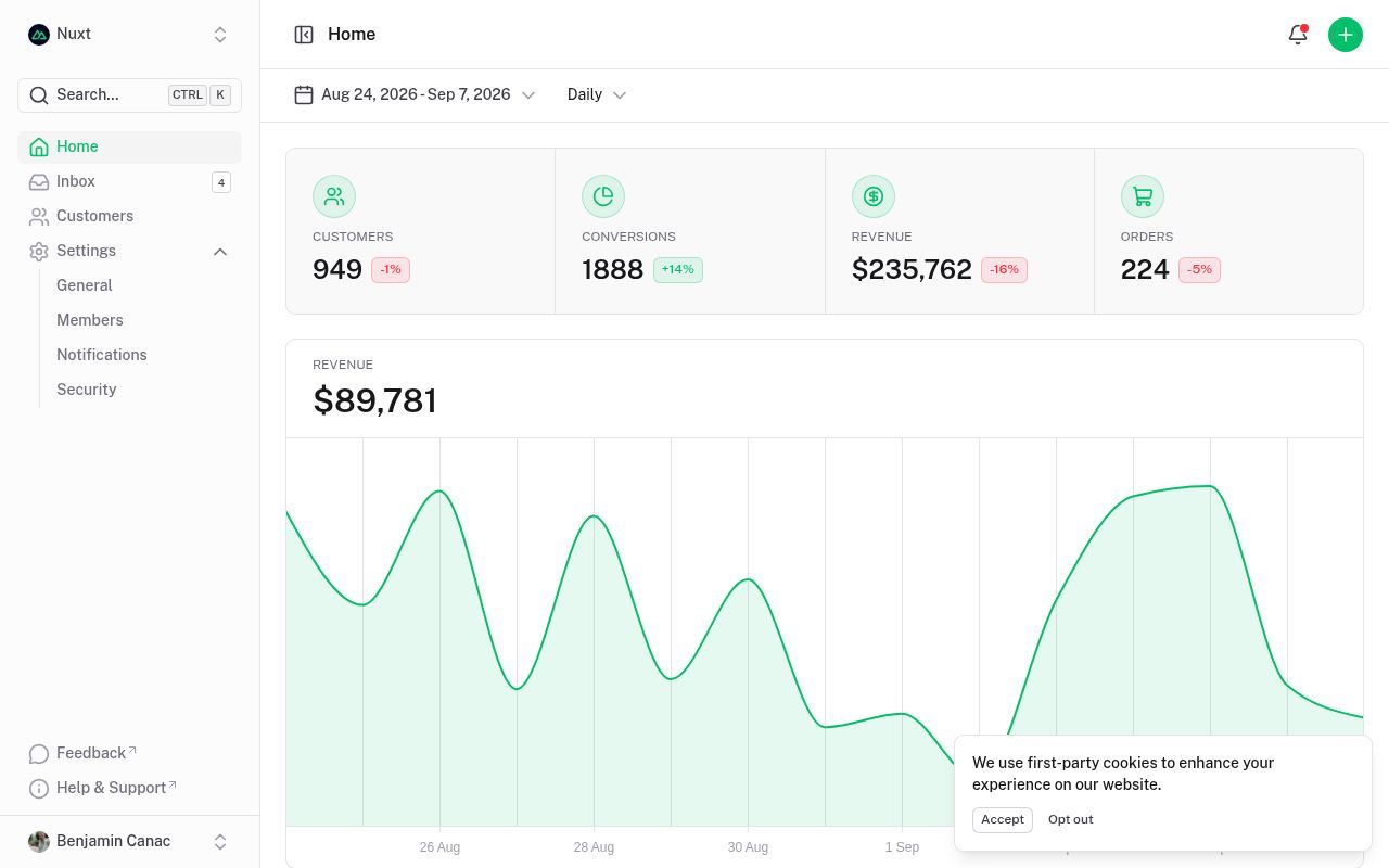 Homepage screenshot of dashboard-template.nuxt.dev